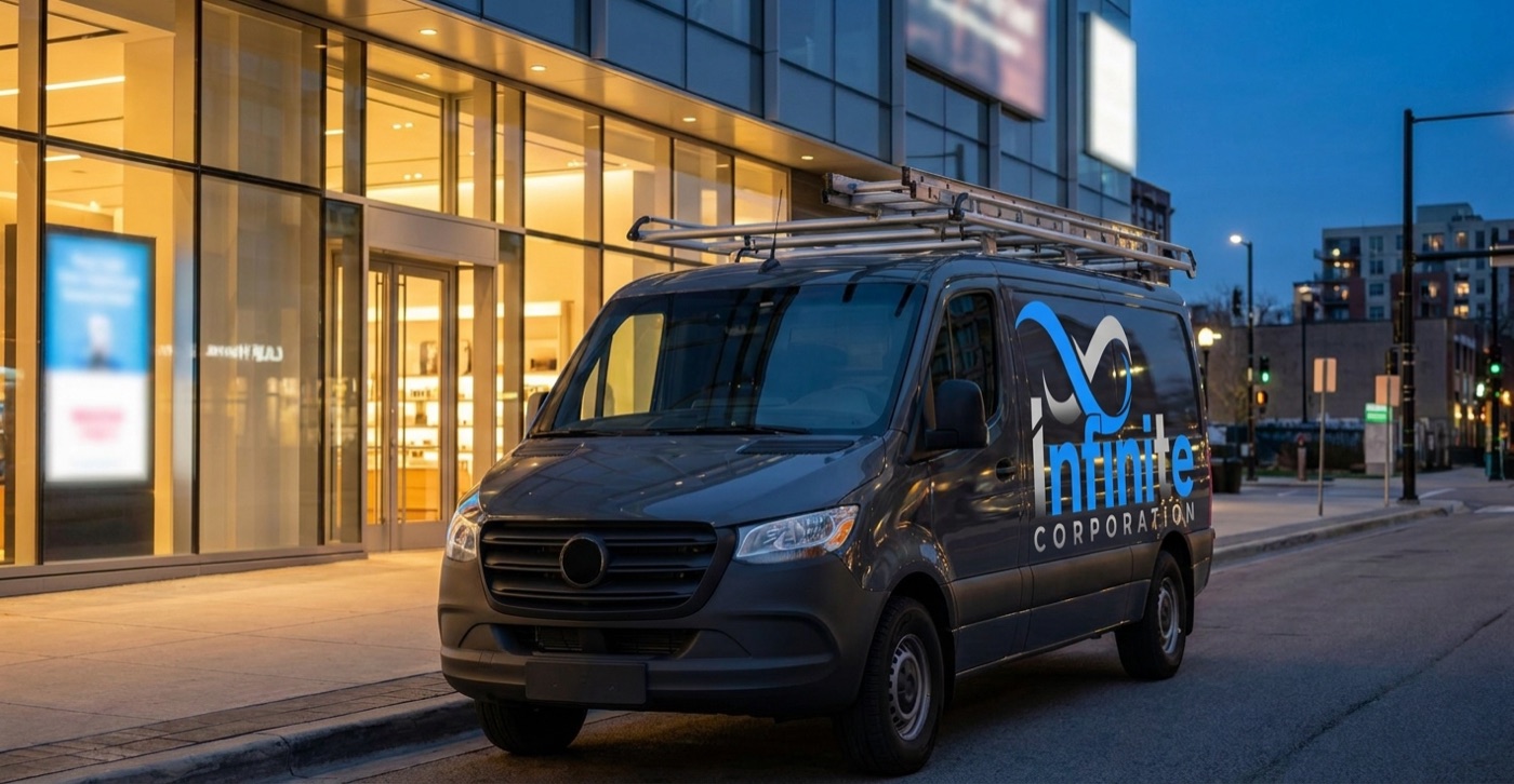 An Infinite Corporation branded service van outside a client's venue at dusk