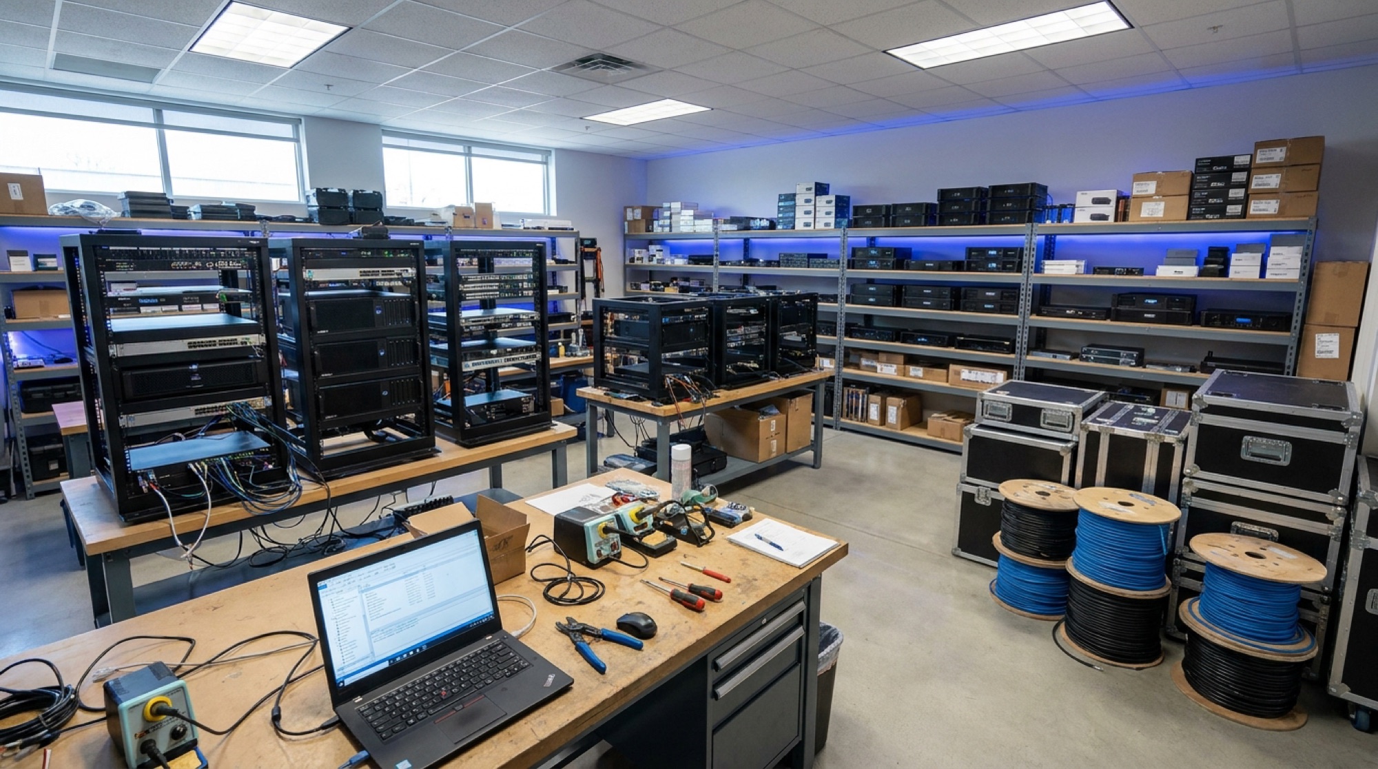 Infinite Corp's workshop — equipment racks staged and bench-tested before install