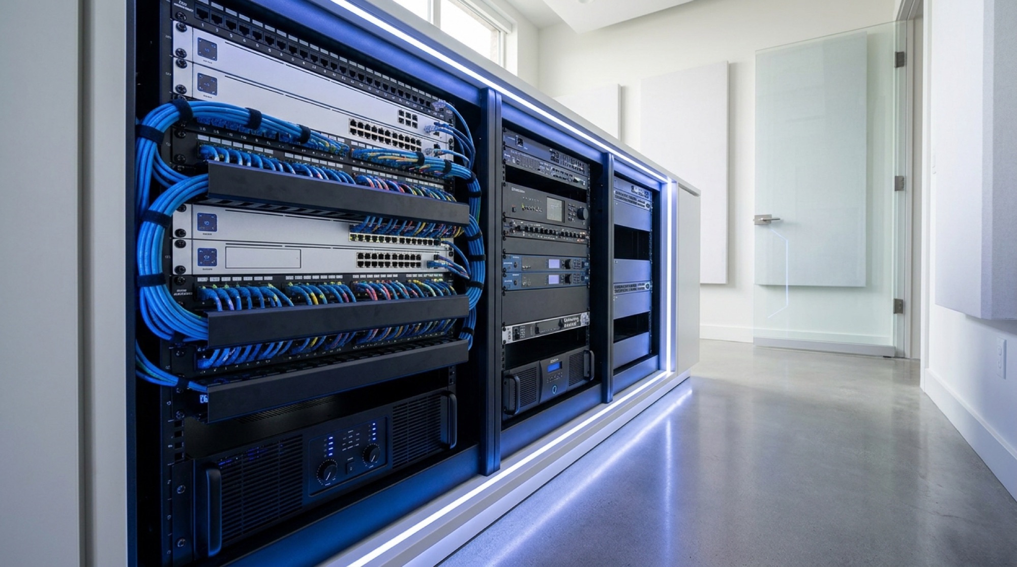 A neatly cable-managed AV and IT equipment rack — the infrastructure behind the room