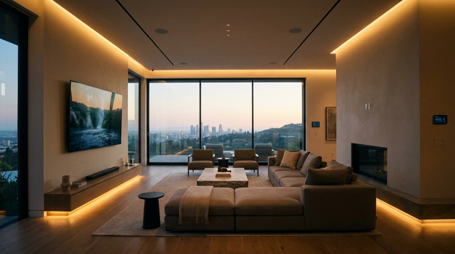 Modern living room with integrated smart-home technology