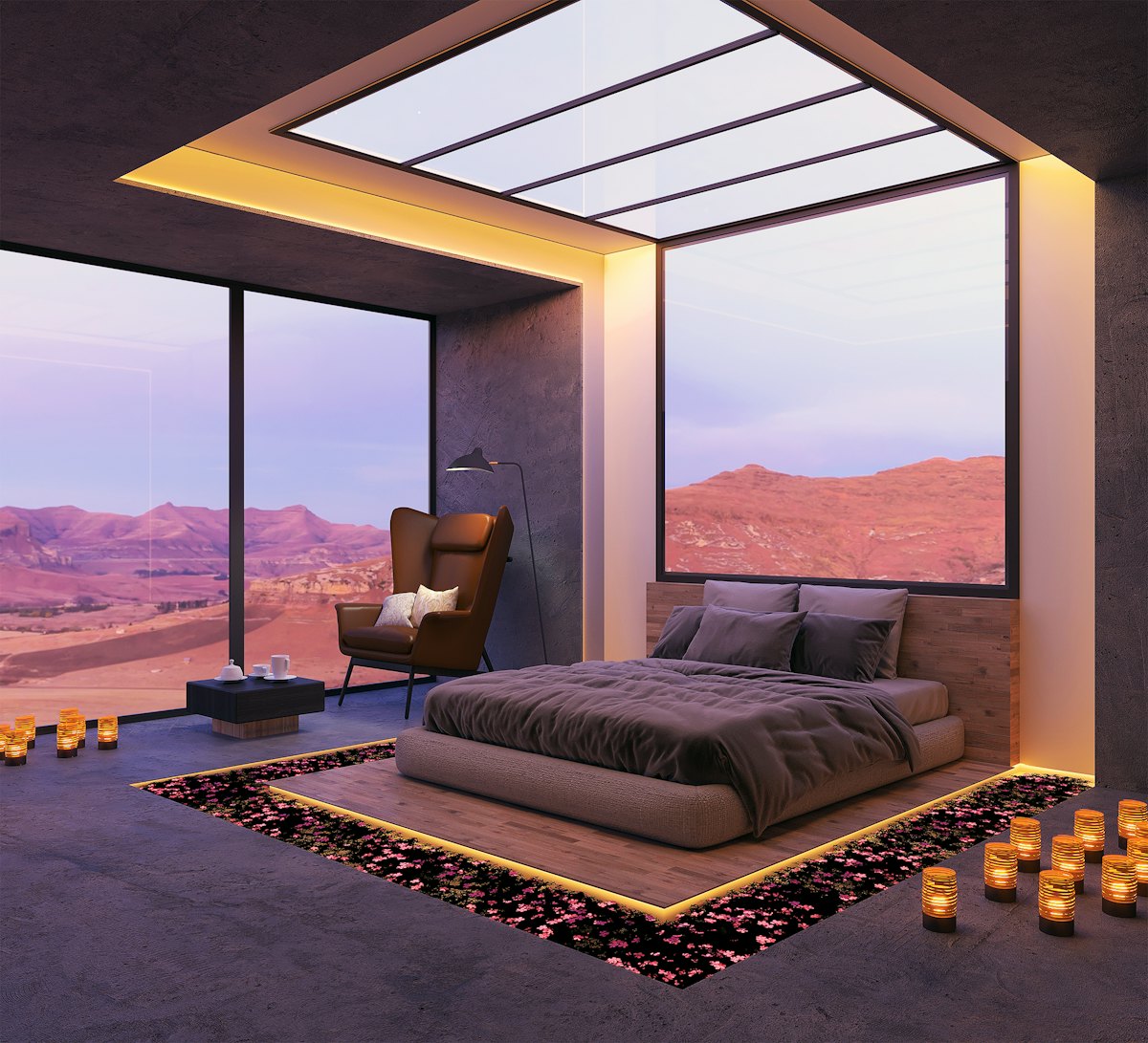 Smart-home scene lighting at dusk