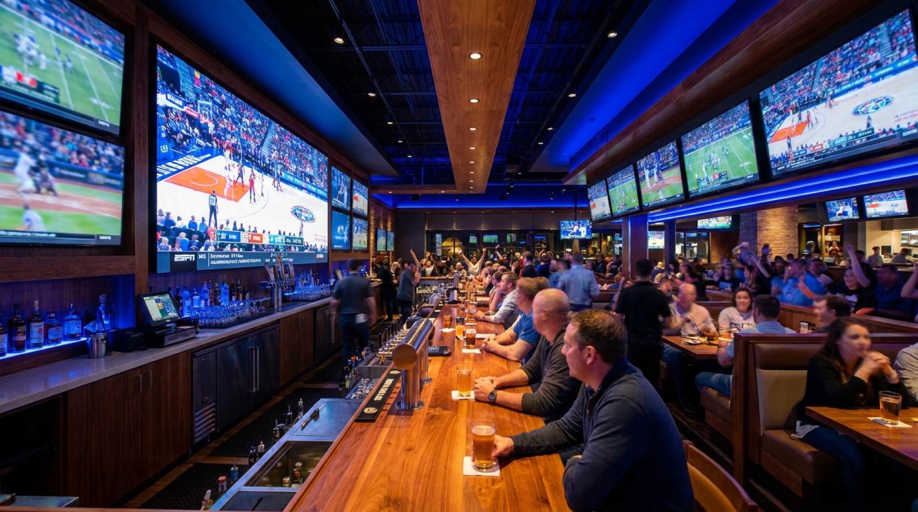 Restaurant interior with integrated audio and video