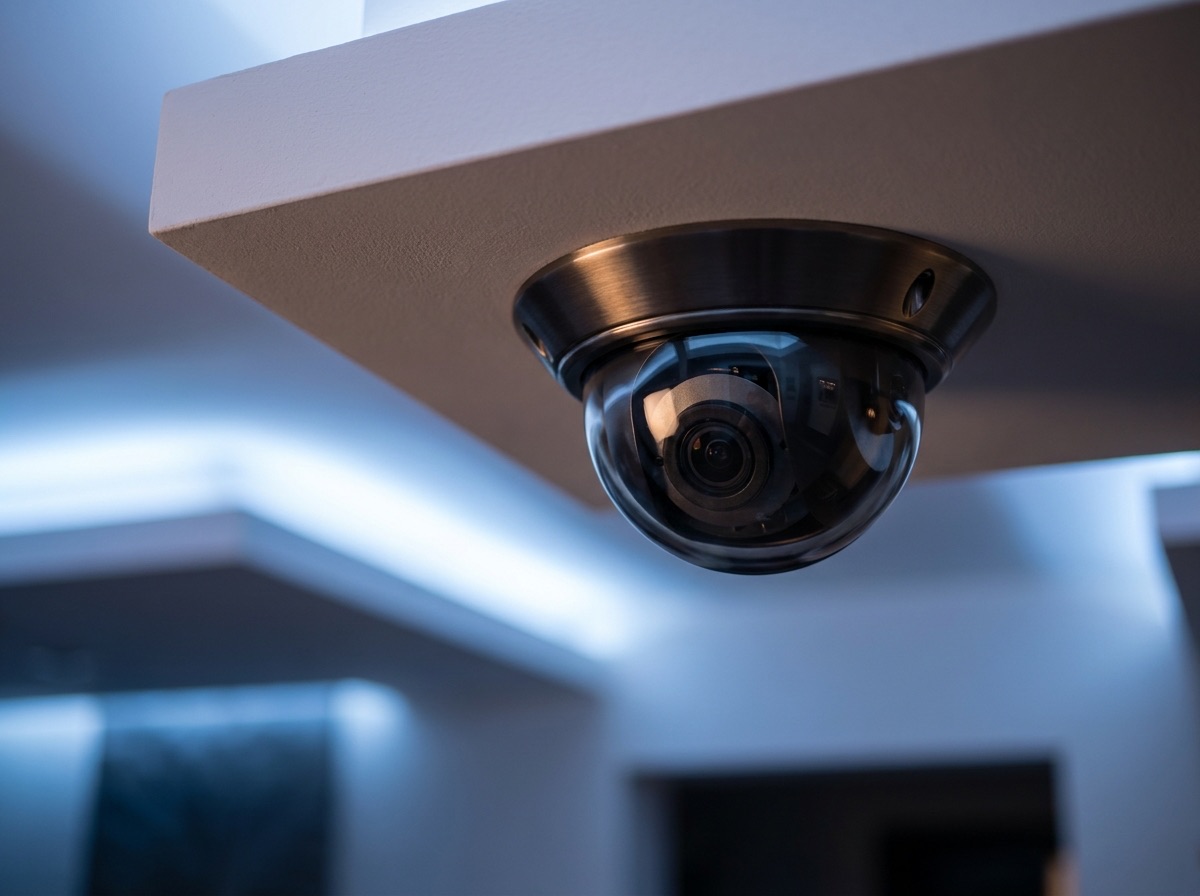 A modern dome security camera on a commercial ceiling