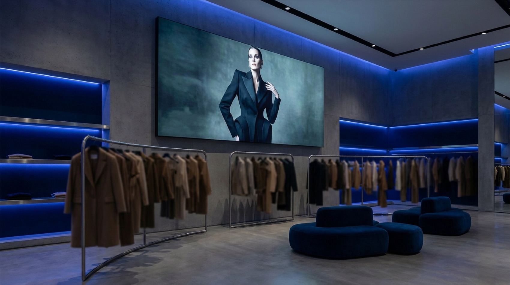 A digital advertising display running a fashion campaign in a retail store