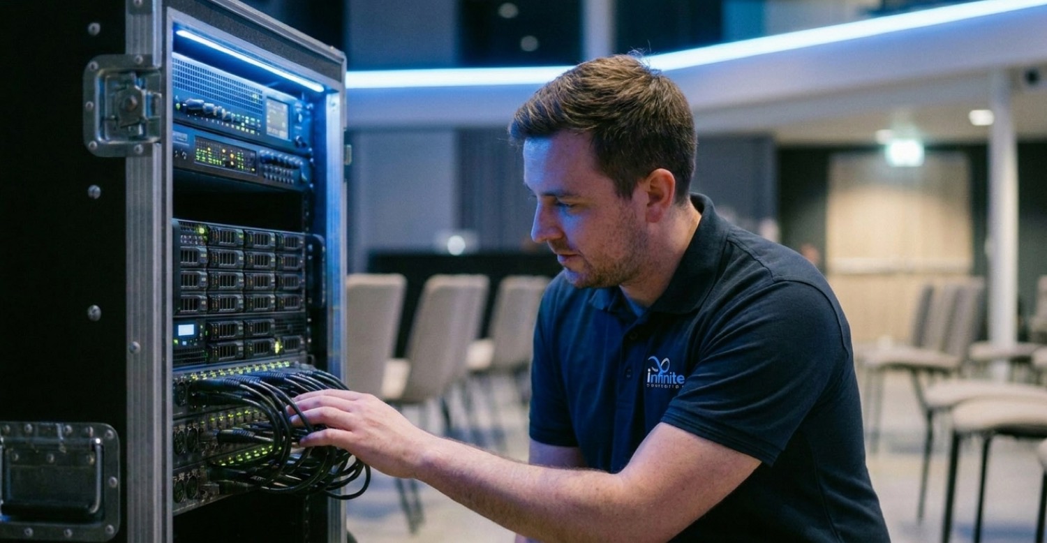 An Infinite Corp technician working hands-on at an equipment rack
